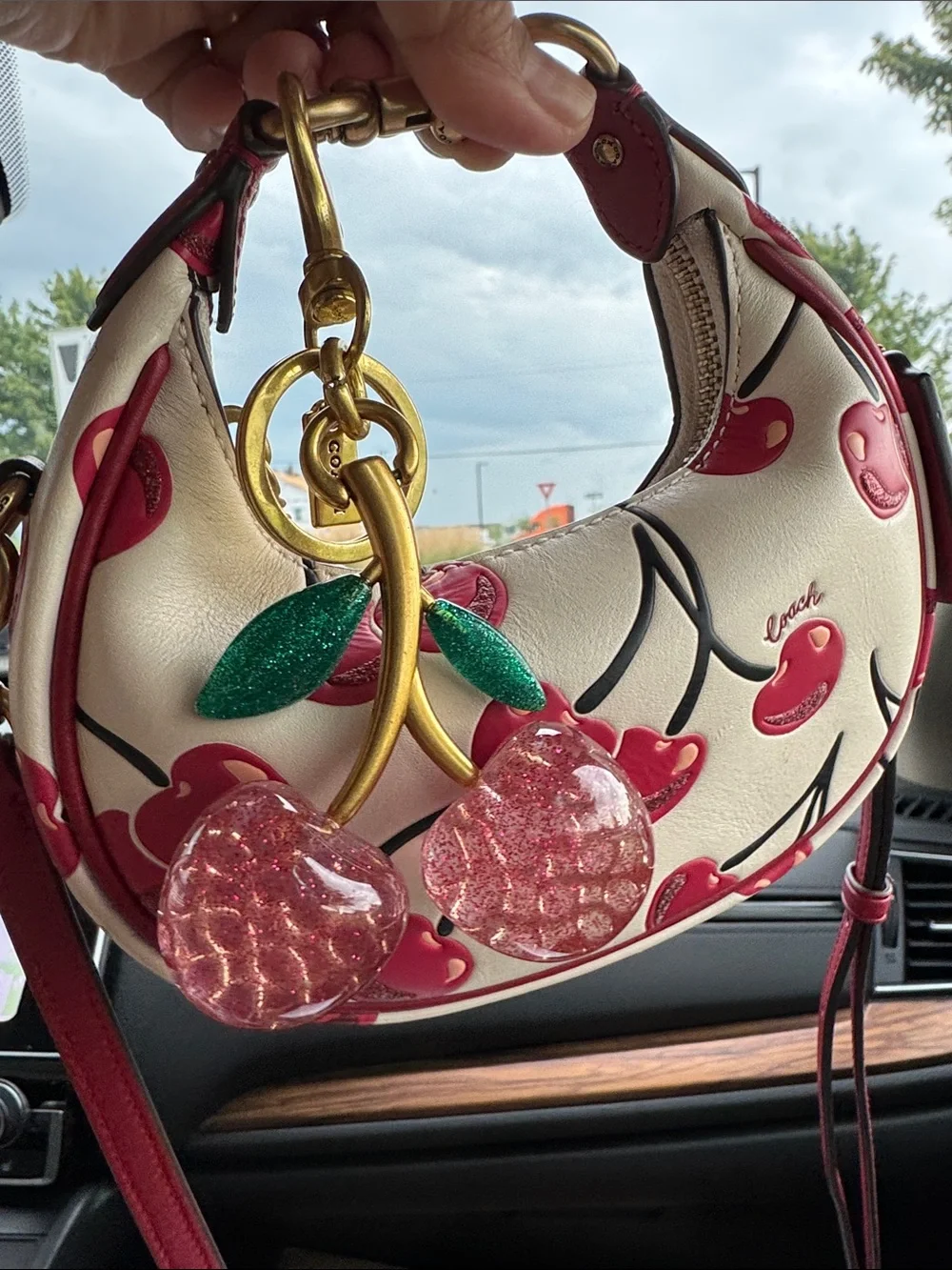 Coach White & Red Cherry Print Mini Shoulder Bag with Cherry Charm